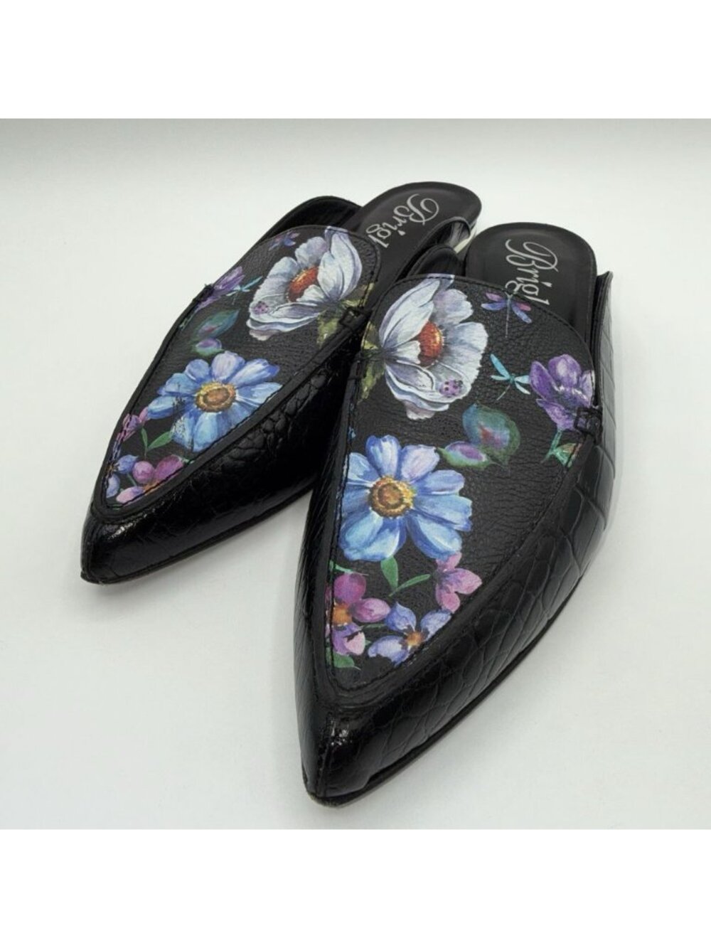 Brighton Floral Everly Mules Croc Embossed Black Low Heel Sz 9 Made In Italy - Picture 6 of 16